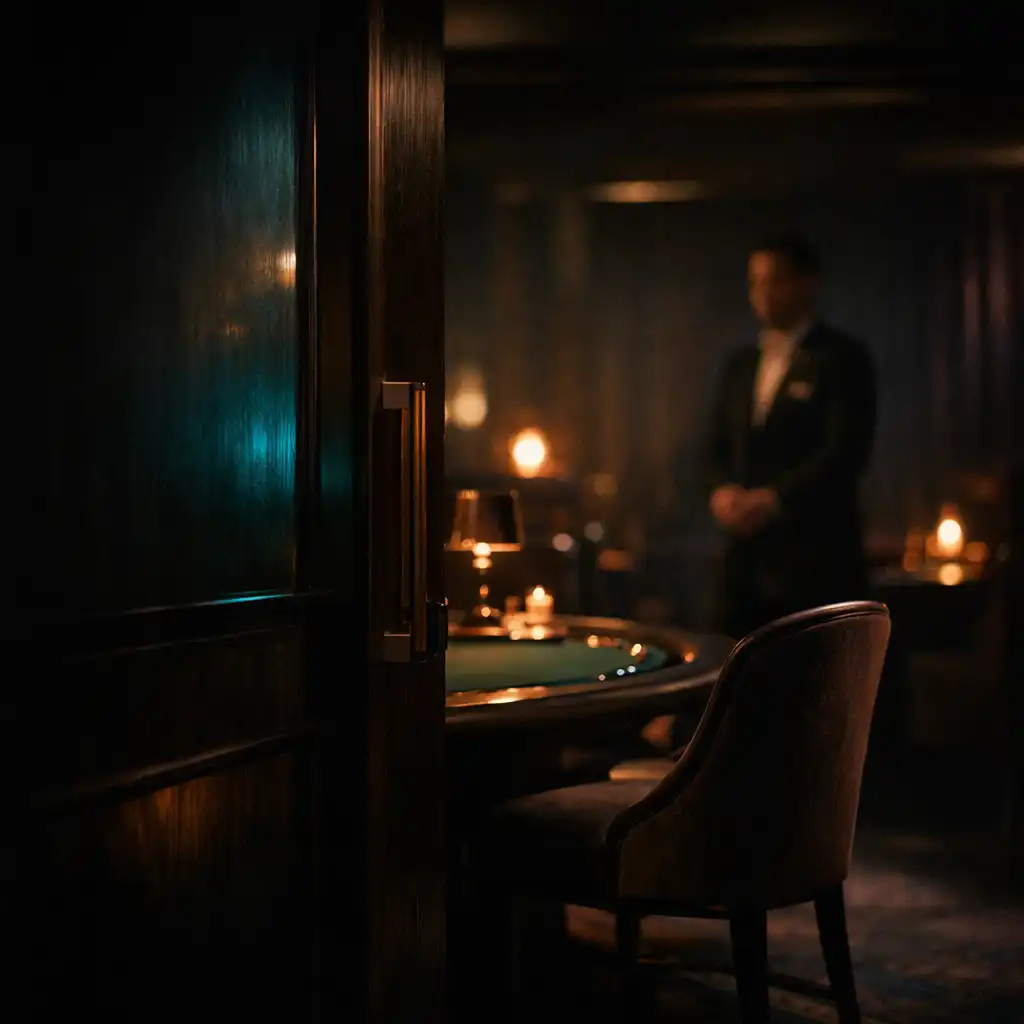 Smoked-glass entrance into Fortune and Willow’s softly lit card lounge