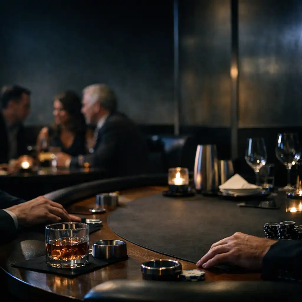 Candlelit dining and conversation beside a refined timber card table