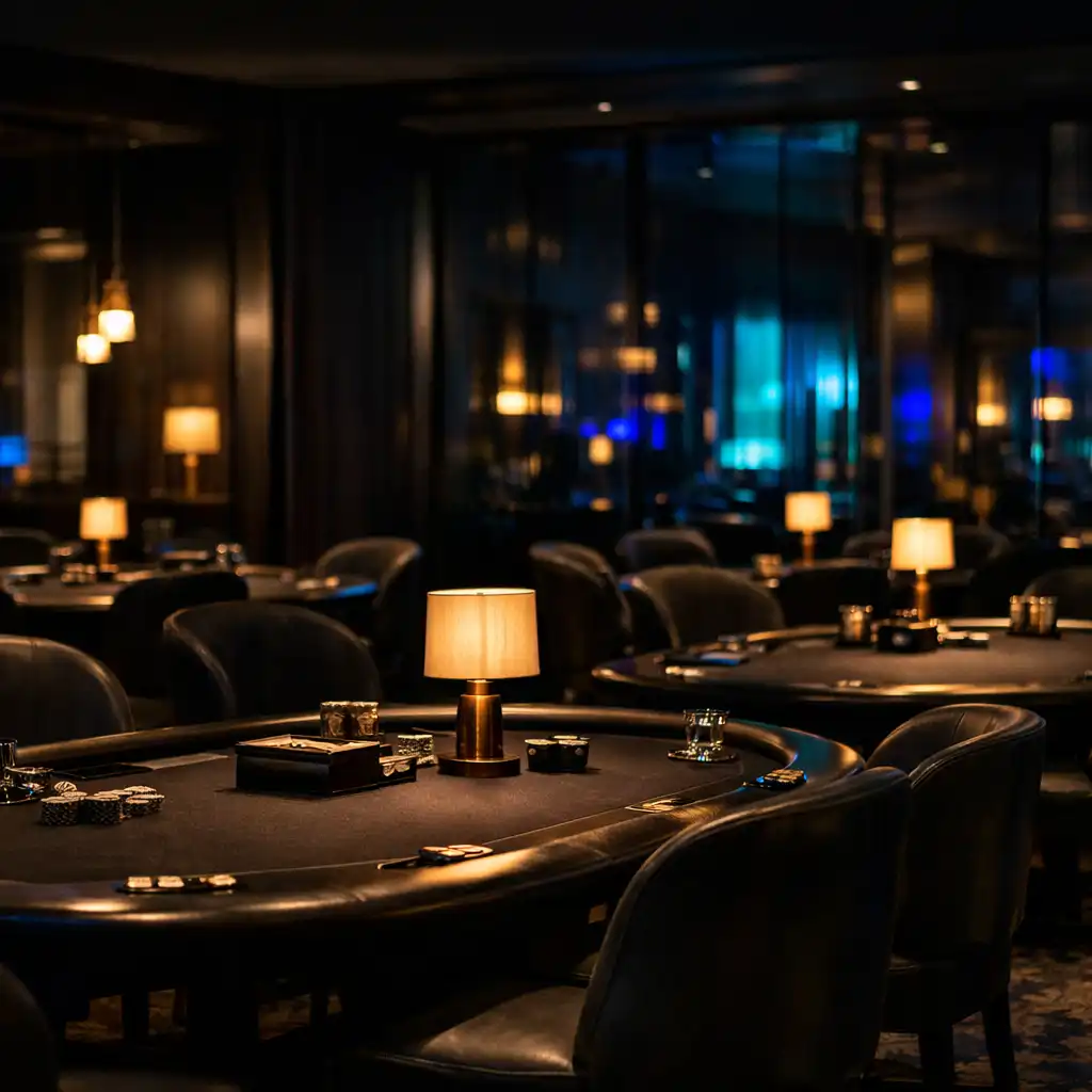 Wide view across prepared poker tables in Fortune and Willow’s dark timber card lounge