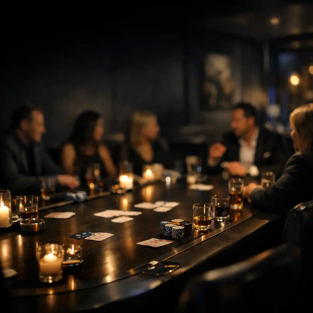 Candlelit card room with a long dark timber poker table and softly blurred guests