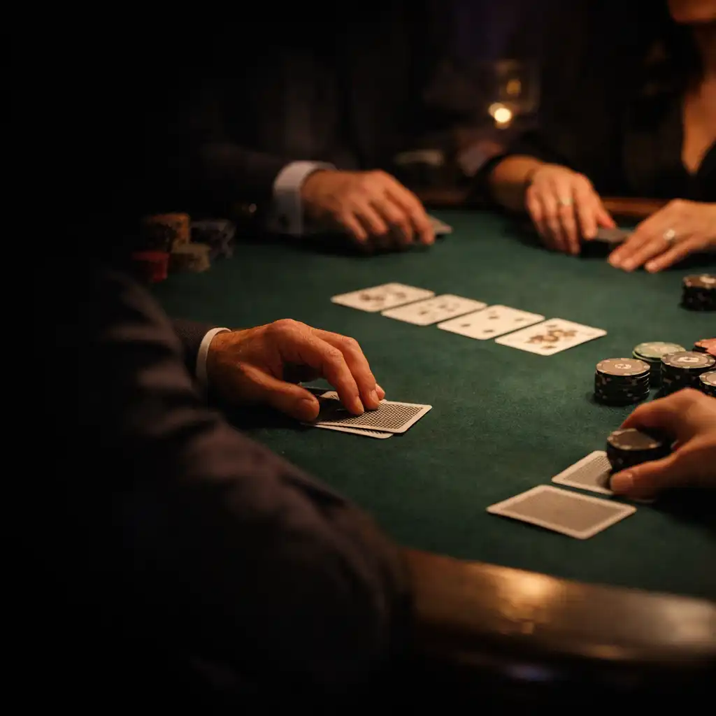 Adult hands gathered around felt at a poker table