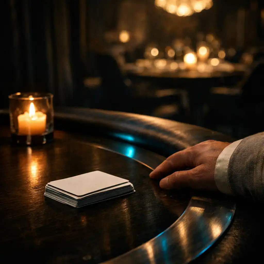 A refined dark timber card table with neatly placed cards and low evening light