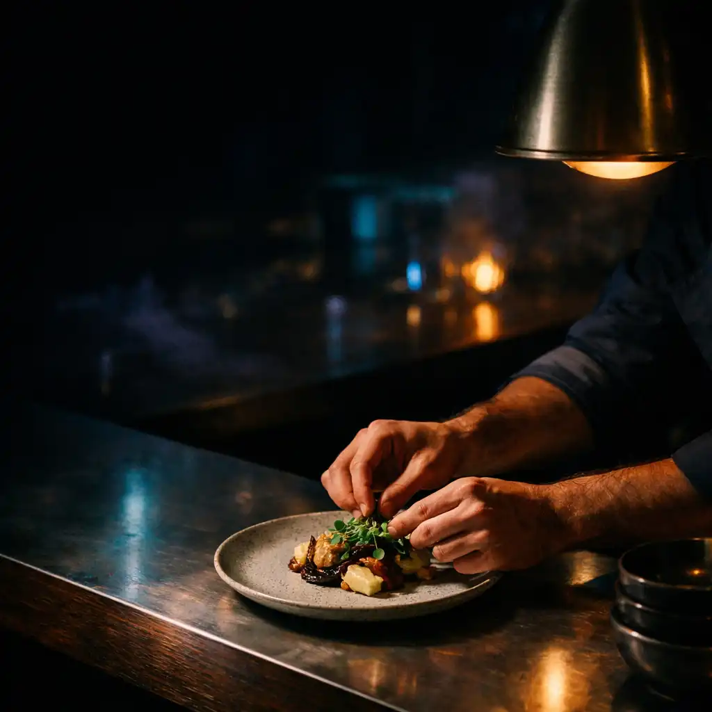 Hands finishing a plate at a low-lit restaurant kitchen pass