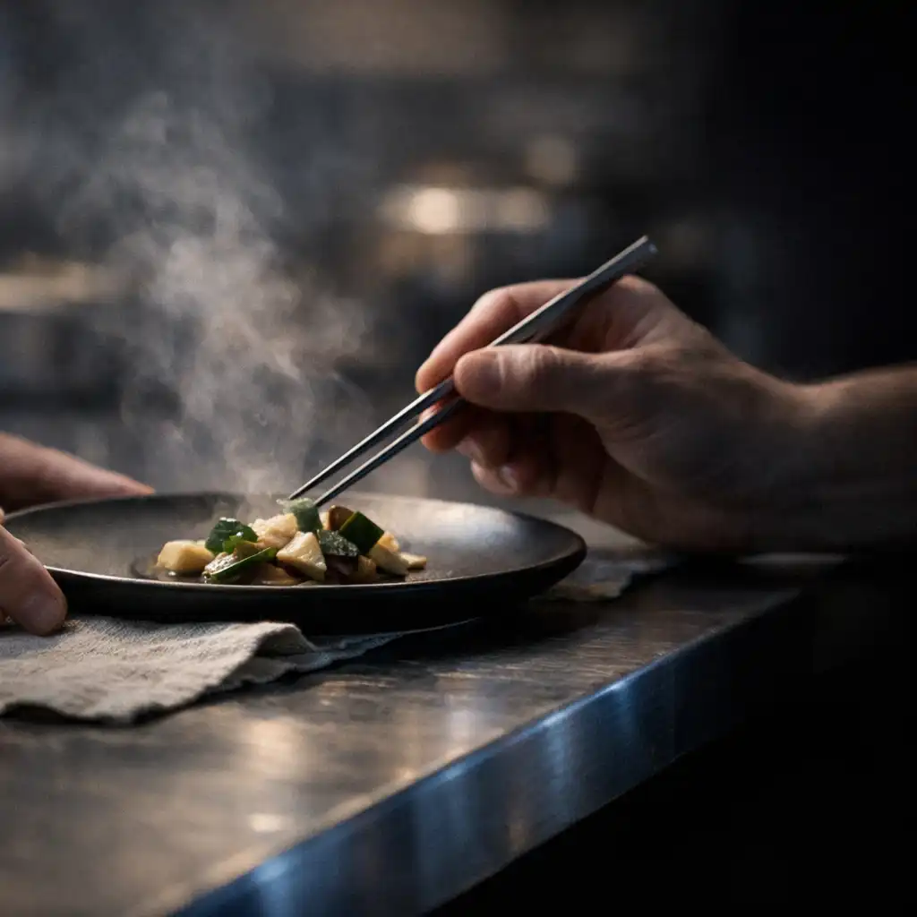 Two hands carefully finishing a ceramic plate at a dark kitchen pass