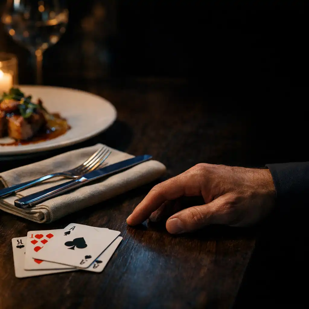 Refined dining detail with physical cards on a dark timber table