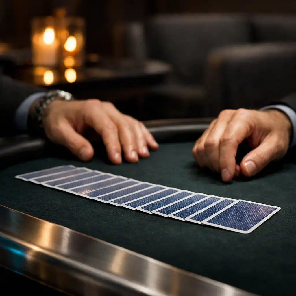 Adult hands beside face-down cards on dark felt in Fortune and Willow's card room.