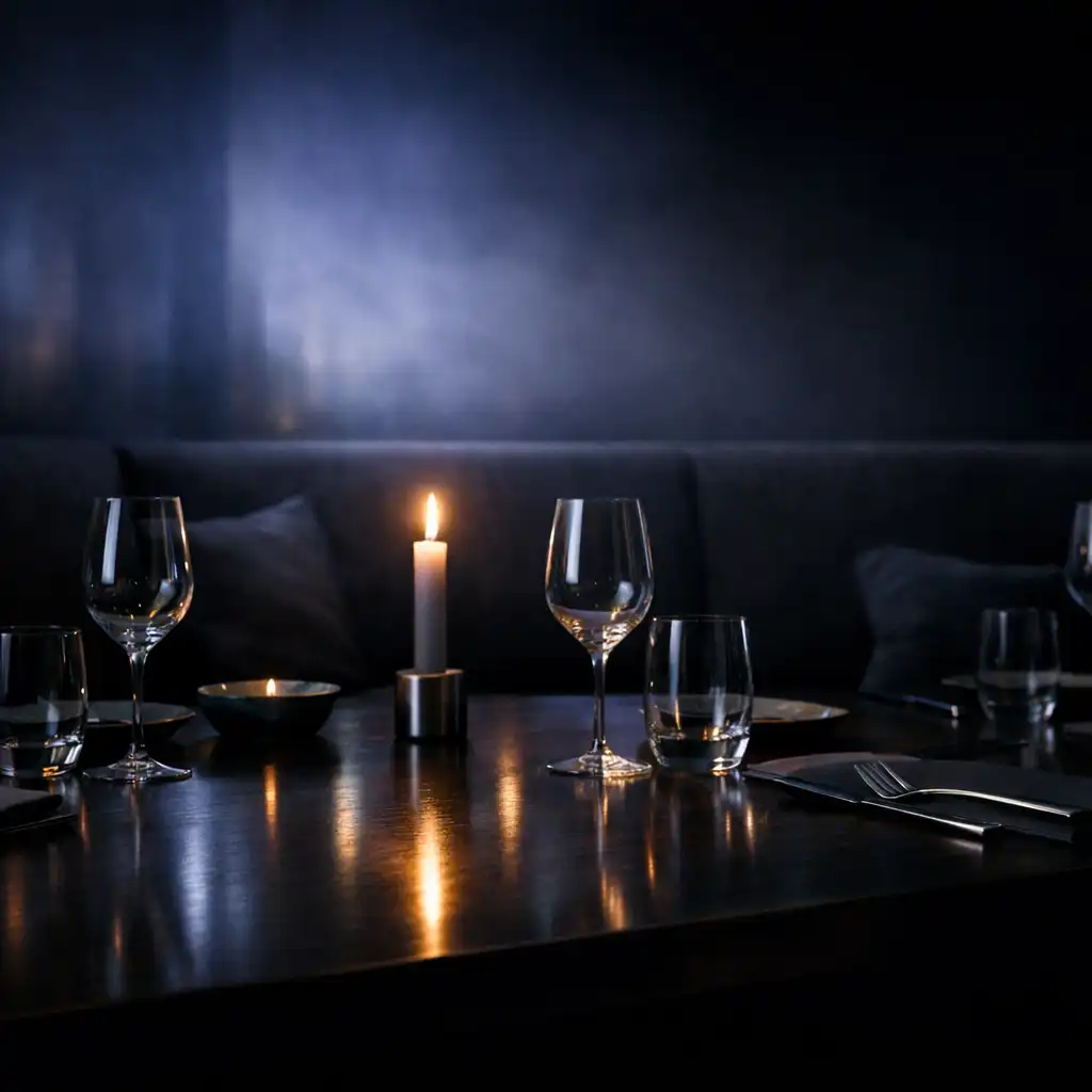 Dark timber dining table with candlelight, glassware and charcoal seating in Fortune and Willow's dining room.