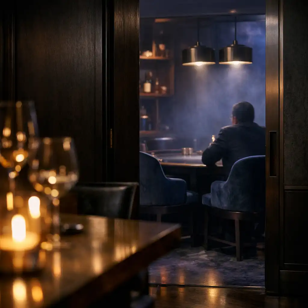 A dim threshold between a refined dining space and an adjoining softly lit room.
