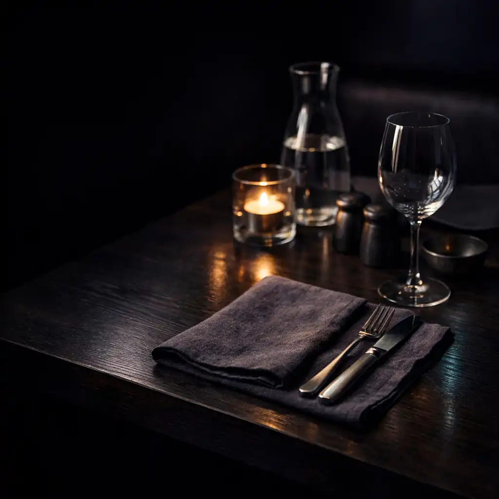 A low-lit restaurant table with linen, cutlery, glass and candle reflections.