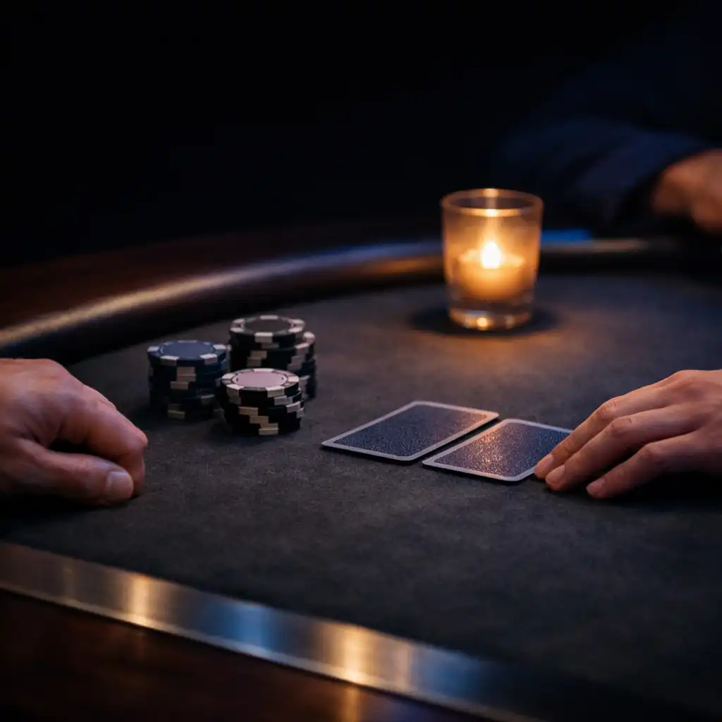 Hands near chips and face-down cards on a candlelit poker table