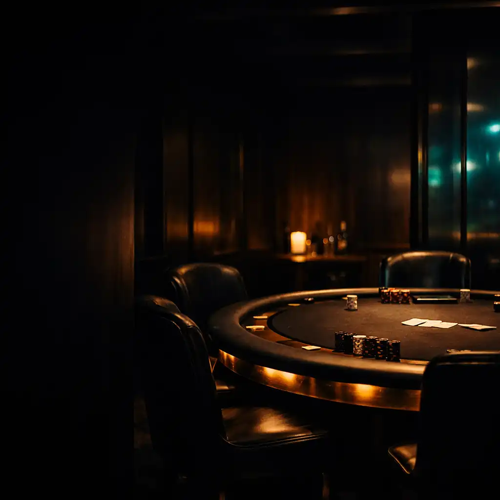 A prepared poker table in Fortune and Willow's low-lit card room