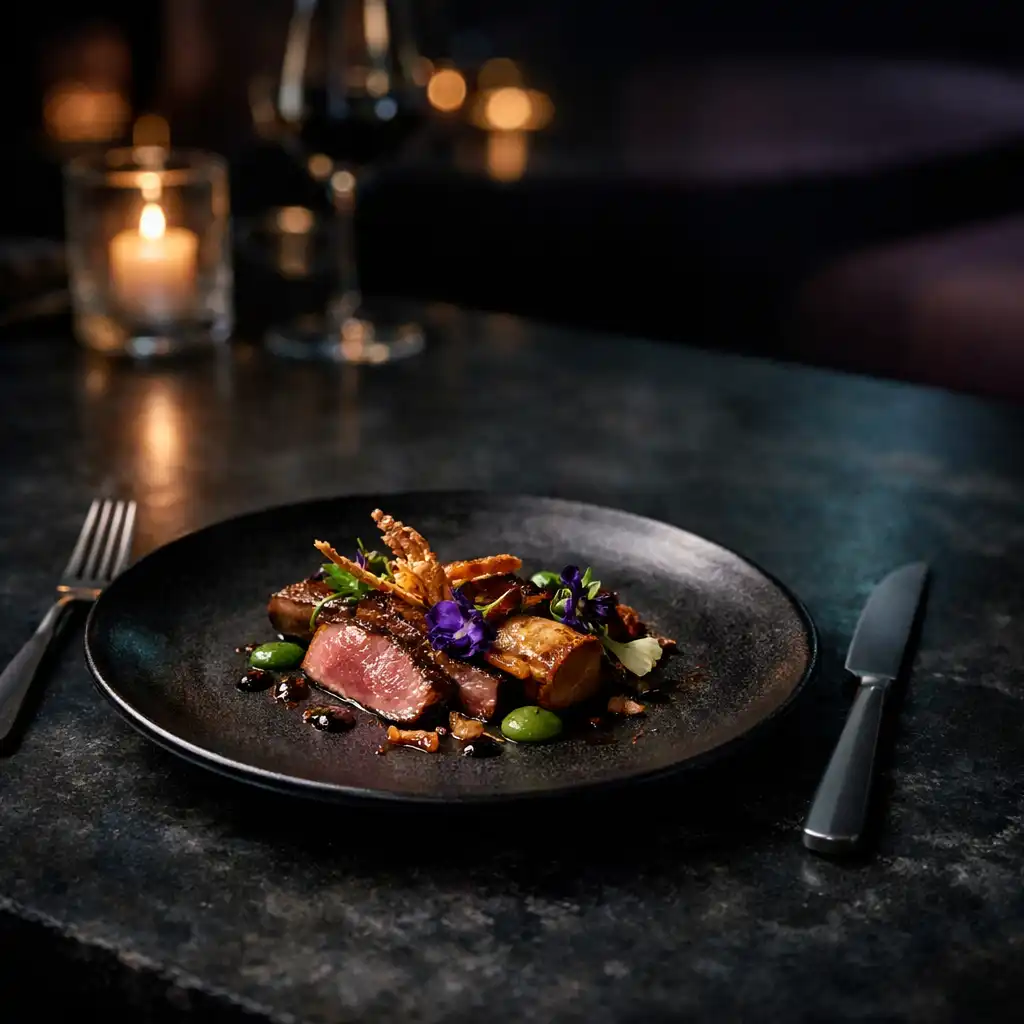 A refined dish set on a dark dining table