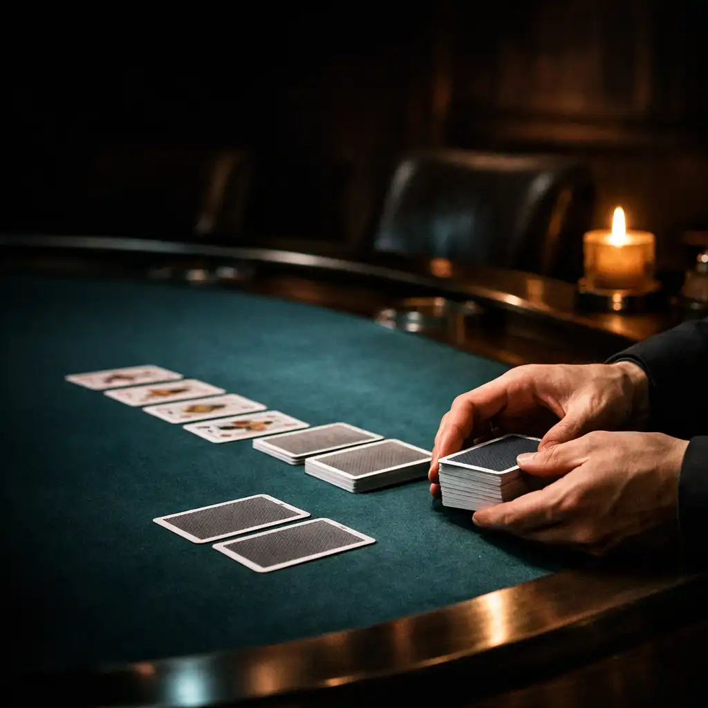 Hands preparing physical cards on a dark poker table beside candlelight